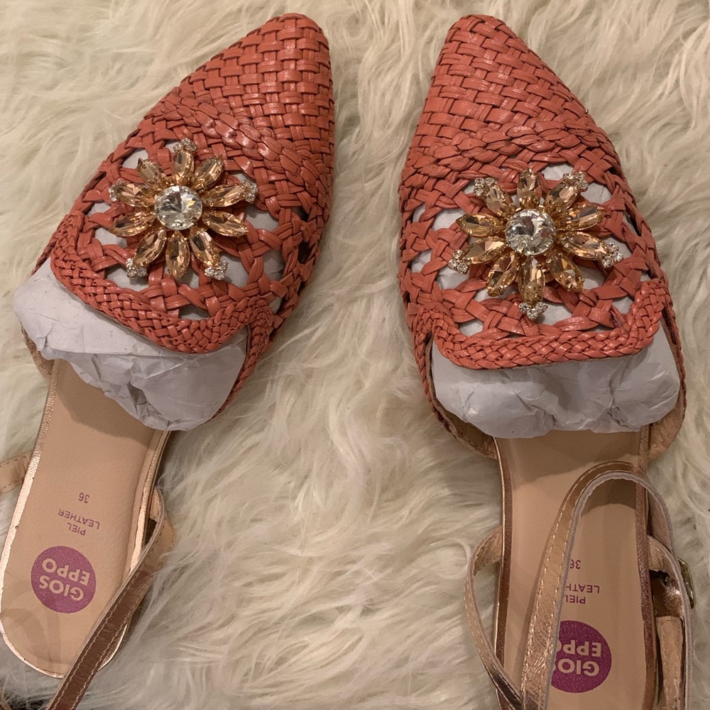 NIB Woven Leather Flats w/ Crystal Gem Detail